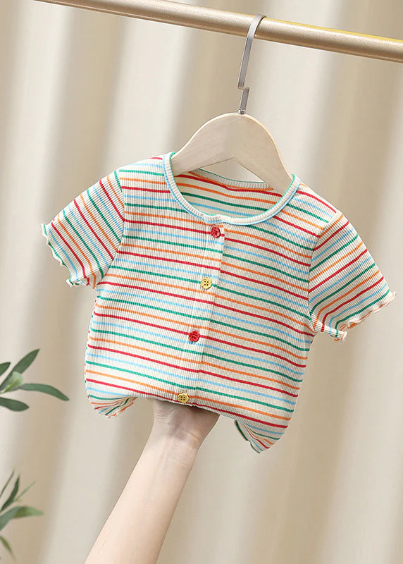 Cute White O-Neck Striped Knit Cotton Girls Top Summer