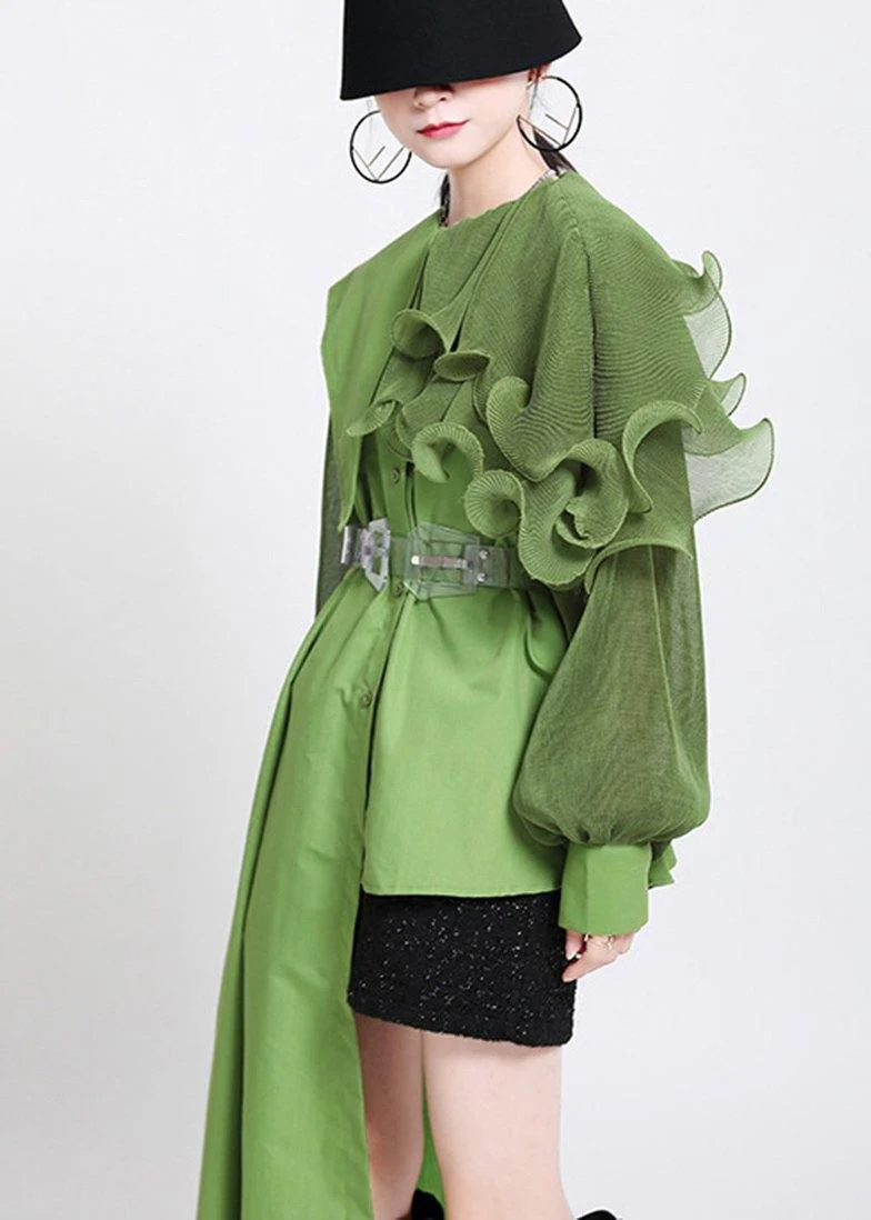 Natural Green lantern sleeve Button Chiffon Top
