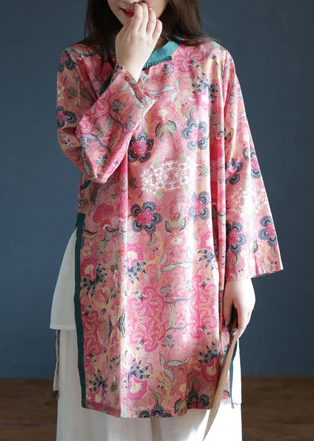 Vintage Pink button Stand Collar side open print Linen Tops Long Sleeve