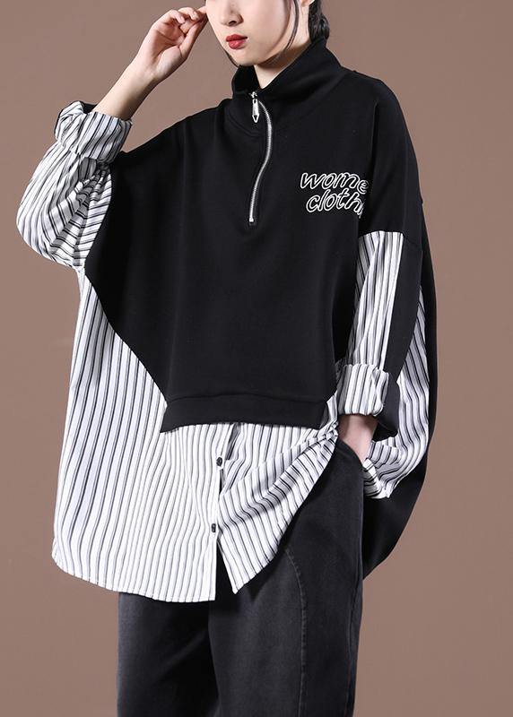 Women Patchwork Spring Organic Shirts Black Tops