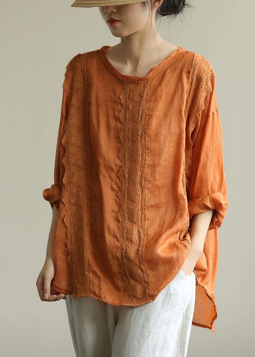Organic o neck patchwork lace fall tunics for women Shirts orange shirts