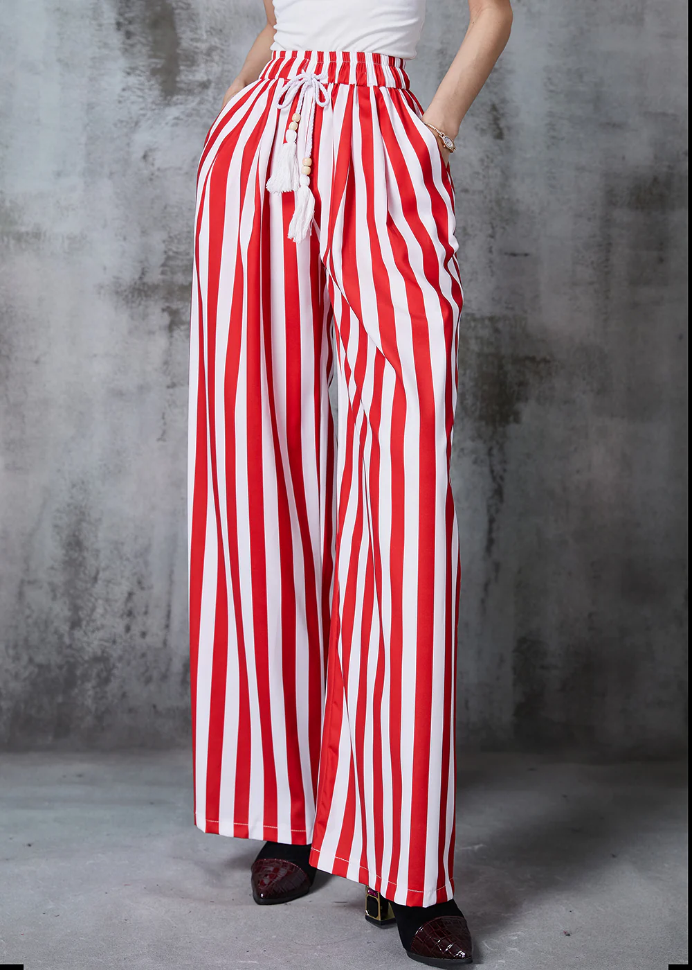 Red Striped Cotton Wide Leg Pants Tasseled Summer