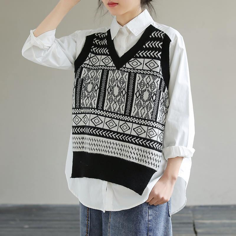 DIY White Clothes Lapel Patchwork Knit Fabric Knee Spring Top