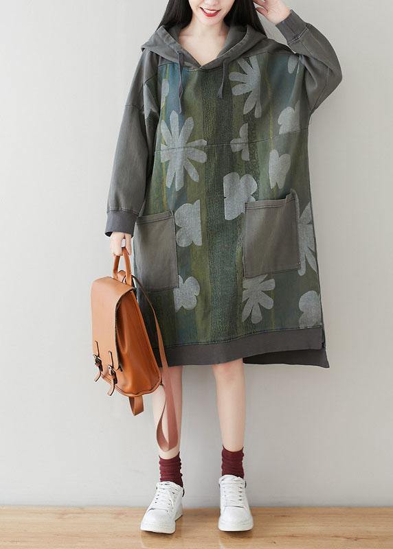 Unique Grey Hooded Pockets Patchwork Print Fall Sweatshirt Dress