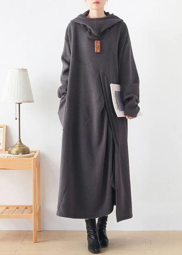 Classy dark gray Tunic hooded asymmetric long Dresses